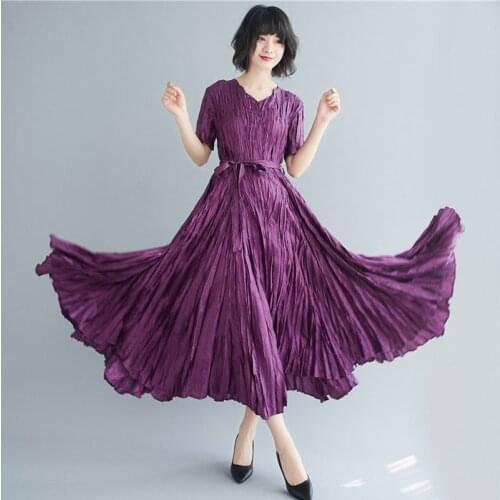 Miyak Pleated V-Neck Short Sleeve Lace-up Solid Color Elegant Temperament Party Midi Dress Women Summer Plus Size Casual Dress