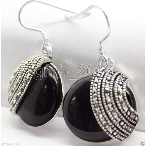 FREE SHIPPING handmade 925 Sterling Silver 18*18mm nature black gem Jade Beads Marcasite Earrings