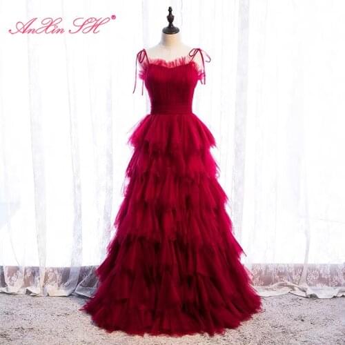 AnXin SH princess wine red lace evening dress vintage party spaghetti strap sleeve ruffles bow bride lace up evening dress
