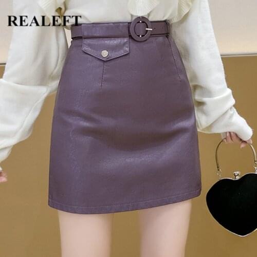 REALEFT Autumn Womens PU Leather Skirt With Belt Fashionable Winter Fake Pocket Design Lady Purple A-line Skirt 2021 New Female