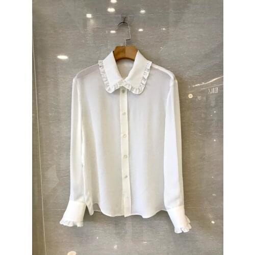 Fashion 2021 new ladies long sleeve sexy casual solid color fungus lace collar single breasted silk shirt 1214