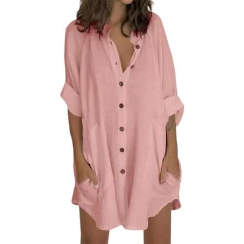 Plus Size Womens Shirts Stand Collar Long Sleeve Mini Dress Women Solid Color Buttons Long Shirt Mini Dress Ladies Clothing
