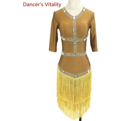 Women latin dance dress senior AB stones dress latin dancing fringes dress adult child custom performance competition clothing