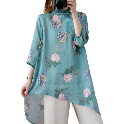 Women Chinese Traditional Style Tops Cotton Linen Loose Blouses Cheongsam Female Vintage Buckle Hanfu Shirts Tang Suits V2106