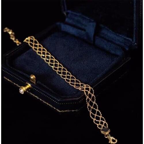 MADALENA SARARA 18k Gold Women Bracelet Flat Round Gold Bead Weave Style Handmade High Quality Au750 Grid Chain Bracelet