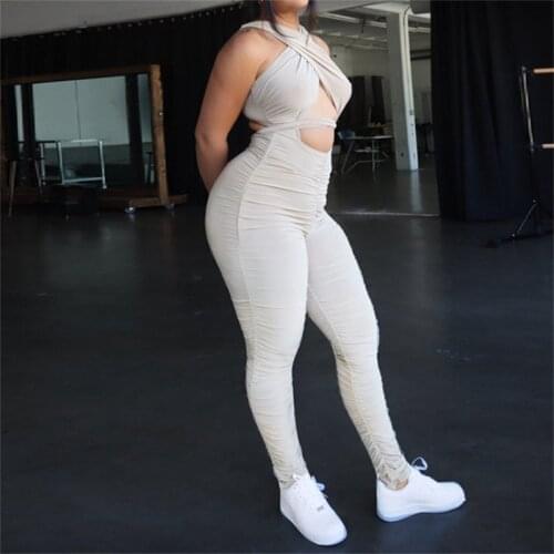 Women Close-fitting Sexy Jumpsuit Solid Color Sleeveless Off-the-shoulder Hollow Bandage Jumpsuits Beige/ Black/ Green