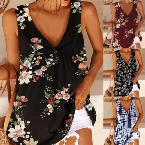 New Top Women Summer Casual Sleeveless V Neck Print Buttons T-Shirt Womens Clothing Fashion Sexy Beach Ladies Vest