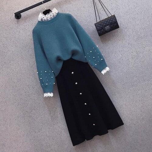 2021 Autumn Winter Korean Knitted Two Piece Sets Women Long Sleeve Sweater + Elastic Waist Knit Skirt Suits Womens Outfits X114