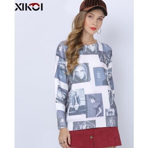 Idols Print Oversized Sweaters Women Winter Knitted Pullover Female O-Neck Casual Loose Jumper Knitwear Christmas Pull Femme