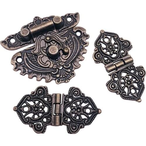 1pc Antique Bronze Furniture Hardware Box Latch Hasp Locks Toggle Buckle + 2pc Decorative Cabinet Hinges for Jewelry Wooden Box