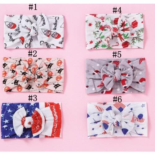 2019 New Flag Print Nylon Headbands Kids Hair Accessories Newborn Girls Print Bowknot Turban Bandage Christmas Headwear 30pc/lot