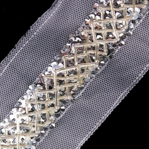 5yard Beaded Silver Sequins Rhinestones Bridal Applique Decorated Lace Ribbon Trim Sewing Accessories t262