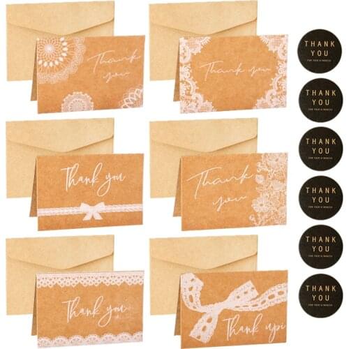 6sets Lace Thank you Card Retro Kraft Gift Card Wedding Party Invitation Greeting Card with Envelope Sticker Blank Inside Cards