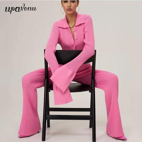 Free Shipping Fashion Slim Knit Pants Set Lapel Flare Long Sleeve Single Breasted Cardigan Sweater & Trousers Two-Piece Set