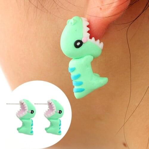 Cartoon Dinosaur Dangle Animal Bite Polymer Clay Handmade Stud Earrings for Party Holiday Date Night 2021 Fashion Fun Earrings