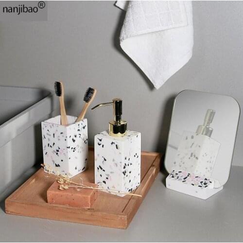 Nanjibao Home Creative Terrazzo Lotion Bottle Water Cup Makeup Mirror Toilet Brush Four-Piece Set Bathroom Accessories Set