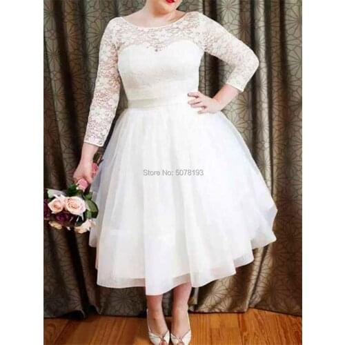 10252 elegant white lace simple boat-neck natural A-line tea-length tulle wedding dresses/formal gowns zipper-up free shipping