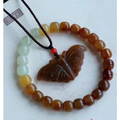 Fine Brown Natural Stone Pendant Carved Butterfly Necklace Girl Exquisite Fashion Bucket Beads Bracelet Jewelry For Women
