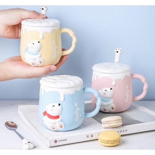 450ml Cute Cartoon Bear Ceramic Mark Coffee Cup With Lid Spoon Home Breakfast Milk Cup Creative Children Gift Couple Cup