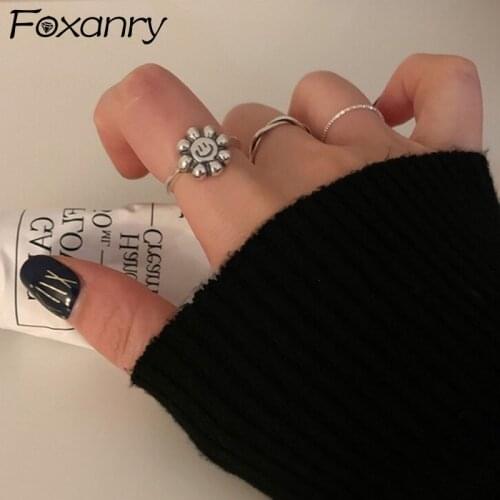 Foxanry 925 Sterling Silver Rings 2021 Trend Vintage Sweet Smiley Flower Party Jewelry Birthday Gift Girls Accessories Wholesale
