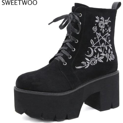 Fashion Flower Platform Boots Chunky Punk Suede Leather Womens Gothic Shoes Nightclub Lace Up Back Zipper