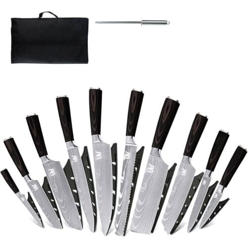XYJ Stainless Steel Kitchen Knives Set 10 Piece Meat Cleaver Santoku Chef Knife Set with Knife Sharpening Rod Carry Bag & Sheath