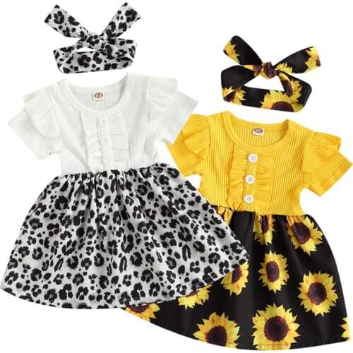 Newest Kids Dress, Girls Floral Round Neck Short Sleeve One-Piece Ruffle Dress for Summer Fall, White/Yellow 1-5Years