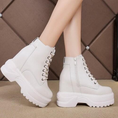New Women Platform Boots 2021 Height Increasing Waterproof Sneakers Winter 8CM High Heel Boots Thick Sole Trainers Leather Shoes