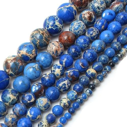 Wholesale 15" Natural Stone Beads blue Sea Sediment Round Loose Beads For DIY For Jewelry Making Pick Size 4mm/6mm/8mm/10mm