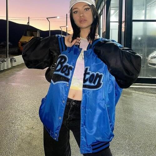 B-TOTO American Retro Blue Stitching Jacket Jacket Female Tide Ins All-match Thin Baseball Uniform 2021 New Fashion