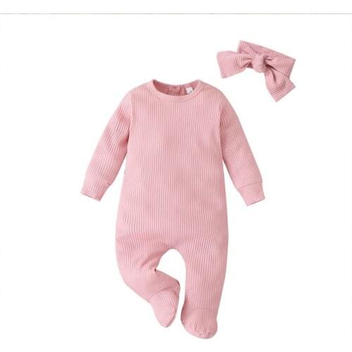 Autumn Baby Girls Boys Long Sleeve Solid Color Rompers With Headband Kids Outfits