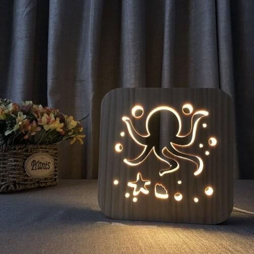 Octopus Wooden Hollow Carving LED Table Lamp USB Power Children Sleep Nightlight for Home Bedroom Decoration Kids Xmas Gift