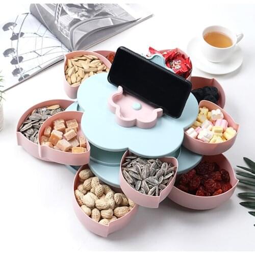 Creative Flower Petal Fruit Plate Candy Storage Box with lid 5 Grids Nuts Snack Tray Rotating Food Gift Box for Party Wedding