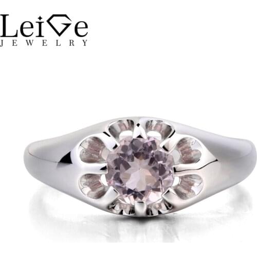 Leige Jewelry Solitaire Ring Natural Morganite Ring Wedding Ring Round Cut Pink Gemstone 925 Sterling Silver Ring Flower Shape