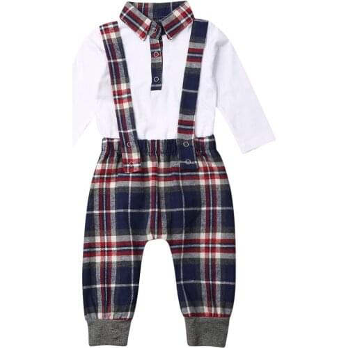 Spring Autumn Newborn Baby Boys Gentleman Clothes Long Sleeve Bodysuit Jumpsuit Plaids Bib Pants Outfit 2Pcs Set 0-18M