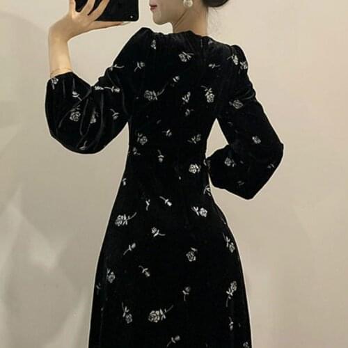 Spring Floral Vintage Dress Women French Elegant Retro Black Party Dress Female Long Sleeve Square Collar Korean Dress