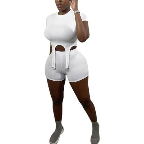 Woman 2pcs Suit Solid Color Short Sleeve irregular Metal ring+Shorts Tracksuit S-L 4Color K21S03717