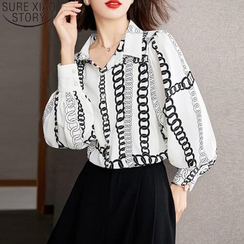 Fashion Print Shirts Women Autumn Long Sleeve 2021 New Thin Lantern Sleeve Chiffon Blouse Tops Camisas Mujer Clothes Shirt 16212