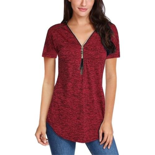 Women Casual Red Short Sleeve T-Shirts Summer Zipper V-Neck Tee Fashion Ladies Black Shirts Top Loose 2020 T-Shirt Plus Size 5XL