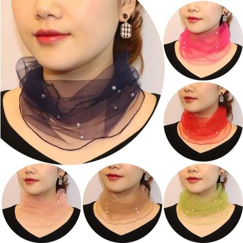 2021 Women Scarf Imitation Pearl Decorative Bandana Headscarf Mesh Necklace Scarf Ladies Clothing Accessories
