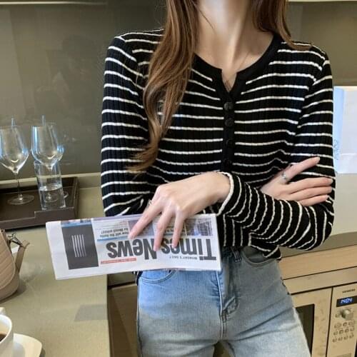 Woman Sweaters Cardigan Striped V-neck Long-Sleeve Knitwear Womens Autumn Winter 2021 Top Sueters De Mujer