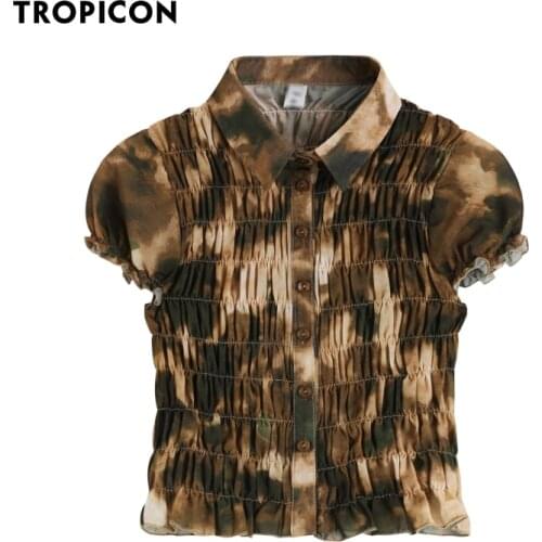 TROPICON Amber Y2K Ruched Brown Crop Top Button Up Shirt For Women Summer Top And Blouse 2021 Fashion Designer Shirt