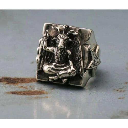 Mem Women Gothic Baphomet Ring 316L Stainless Steel Ring Seal of Satan Pentagram Sigil Illuminati Rings Biker Jewelry Gifts
