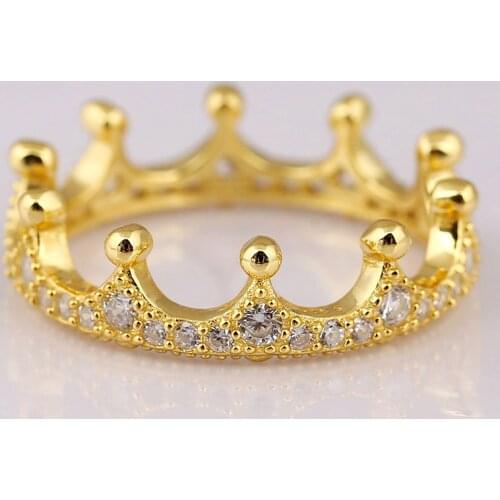 Original Golden Shine Mixed Metals Enchanted Crown Ring With Crystal For Women 925 Sterling Silver Ring Gift Europe Jewelry