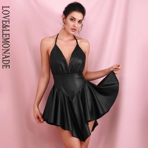 LOVE&LEMONADE Sexy Black Deep V-neck Open Back Large Ruffled Elastic PU Mini Party Dress LM81380PU