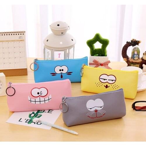 4pcs/lot 4colors Simple PU leather pencil bag creative Funny expression pencils cute square cartoon stationery bag cosmetic bag