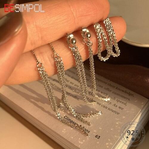 Besimpol 925 Sterling Silver Sparkling Earrings Simple Elegant Tassel Earrings For Women Party Silver 925 Fine Jewelry Gifts