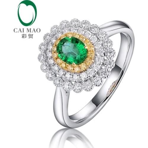 Caimao Vintage Cluster Diamonds Ring Natural Oval Emerald 14kt Multi-tone Gold Milgrain Engagement Jewelry for Women