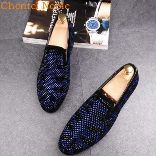 2020 Brand Chentel Noble Bling Full Black Blue Red Crystal Loafers Men Casual Shoes Party Dress Shoes Men Flats Slip-on Male