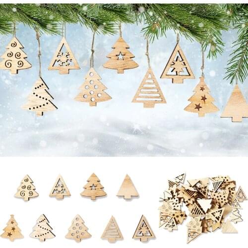 50pcs Merry Christmas Eve Wooden Snowflake Mini Tree Pendant Window Sticker Winter Snow Decorations For Home 2020 Happy New Year
